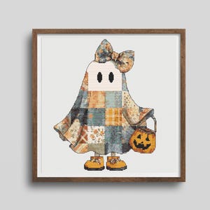 Korsstygnsmönster med spöken i lapptäcke: Cottagecore Halloween-höstdekor (PDF) bild 2