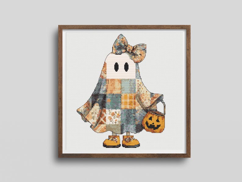 Korsstygnsmönster med spöken i lapptäcke: Cottagecore Halloween-höstdekor (PDF) bild 2
