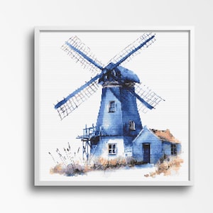 May include: A watercolor painting of a blue windmill with a white frame. The windmill has a white door and windows. The windmill is surrounded by grass and trees.