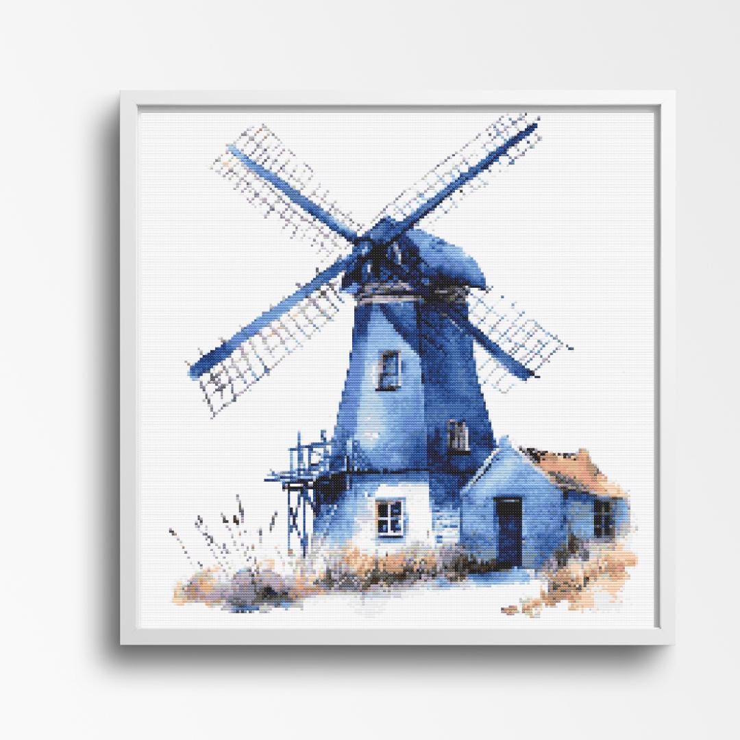 Blue Windmill Cross Stitch Pattern - Serene Countryside Scene with Rustic Charm