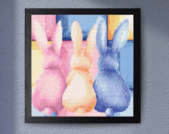 Cross Stitch Pattern, Colorful Easter Bunny Trio. Modern Cross Stitch Design, Easter Embroidery Pattern, Spring Cross Stitch Pattern.