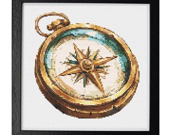 Antiek kompas-kruissteekpatroon – vintage nautisch decor