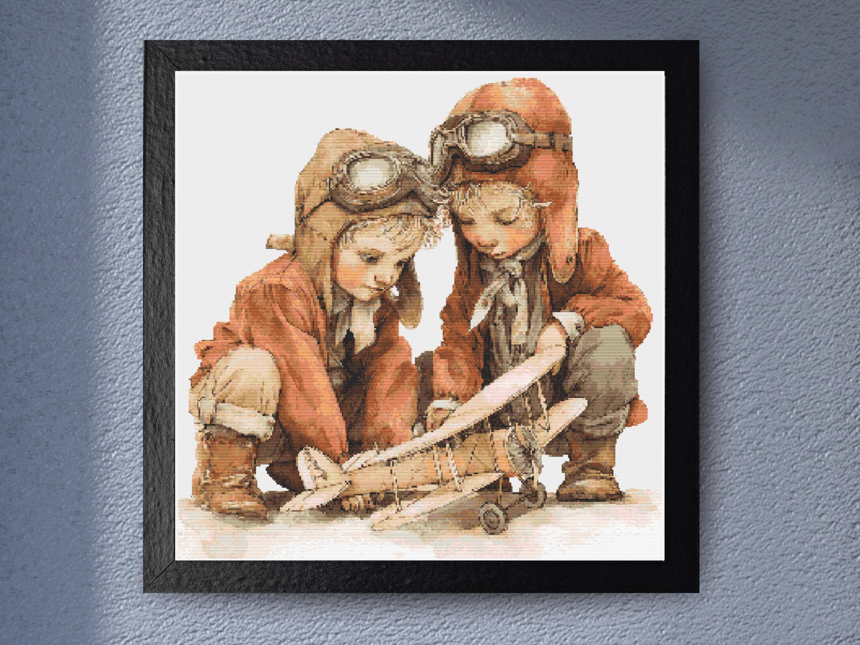 Two Little Boys Playing Pilots Cross Stitch Pattern With Vintage Charm And Toy Airplane Ideal For Handmade Gifts Or Nursery Display
