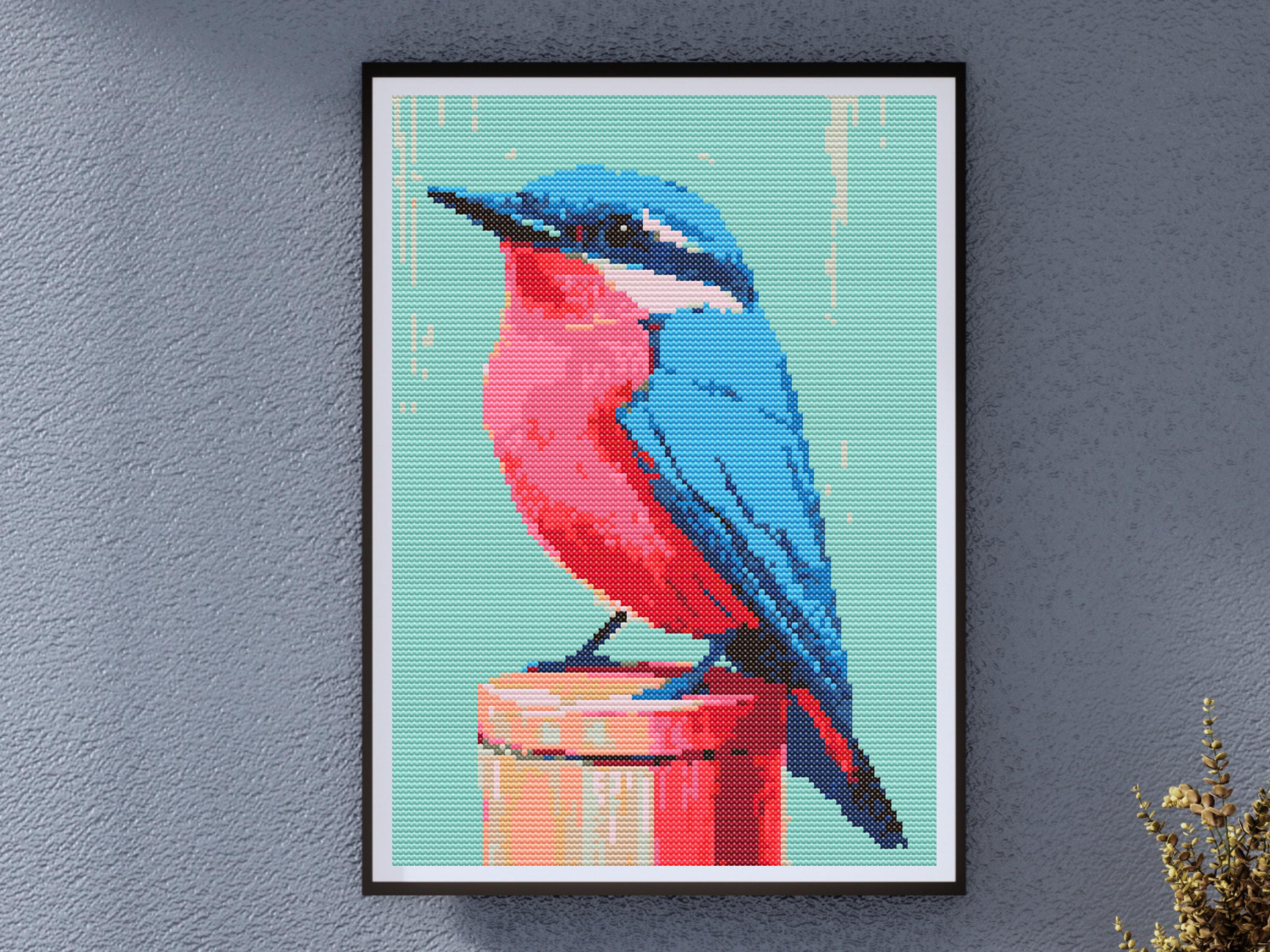 Colorful Kingfisher Bird on Wooden Post, Easy Wildlife DIY Embroidery Project, Nature Lover Gift Idea - Image 1