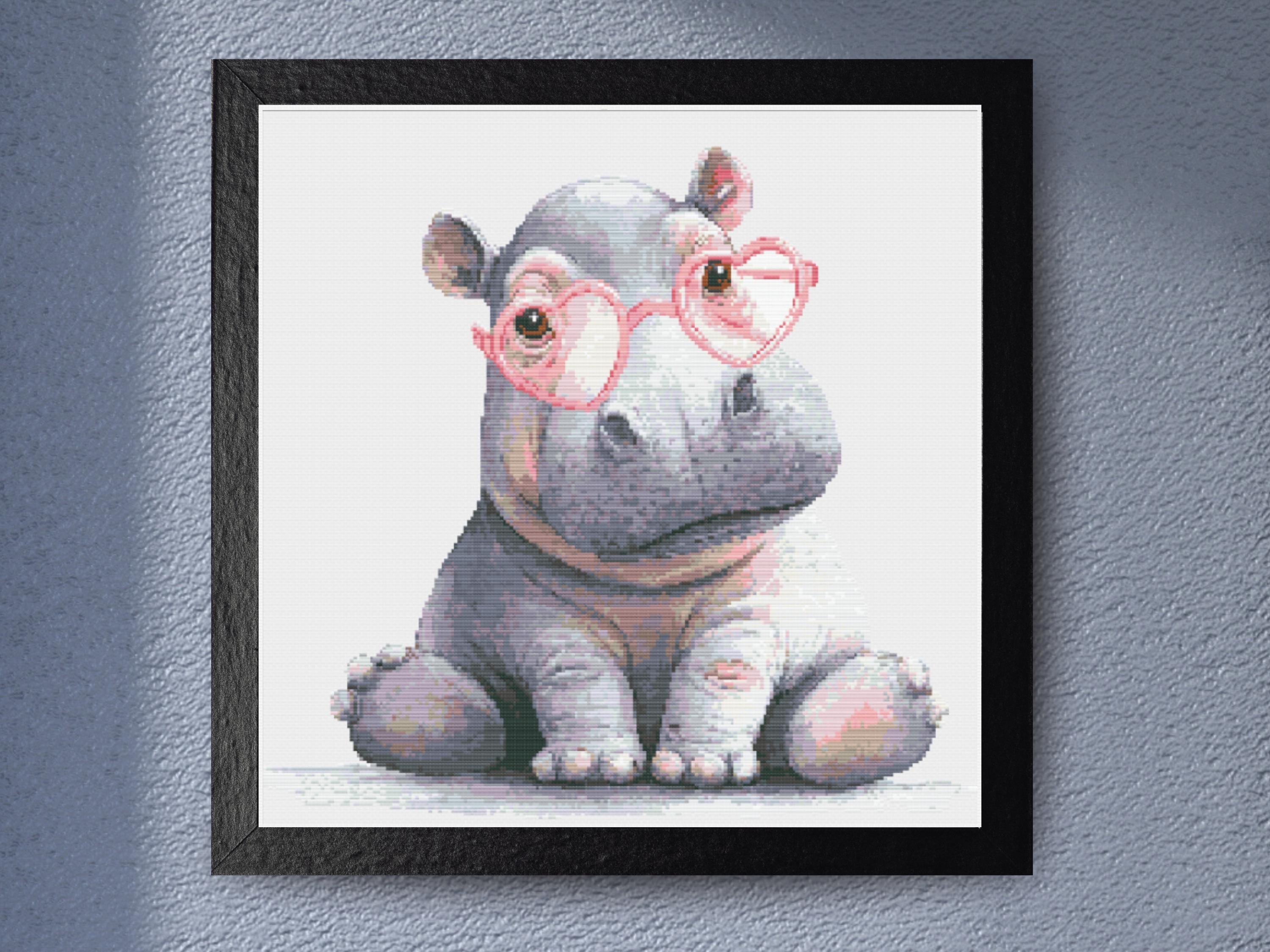 Sweet Baby Hippo Cross Stitch Pattern in Pink Heart Glasses – Cute Valentine or Nursery PDF Embroidery Design