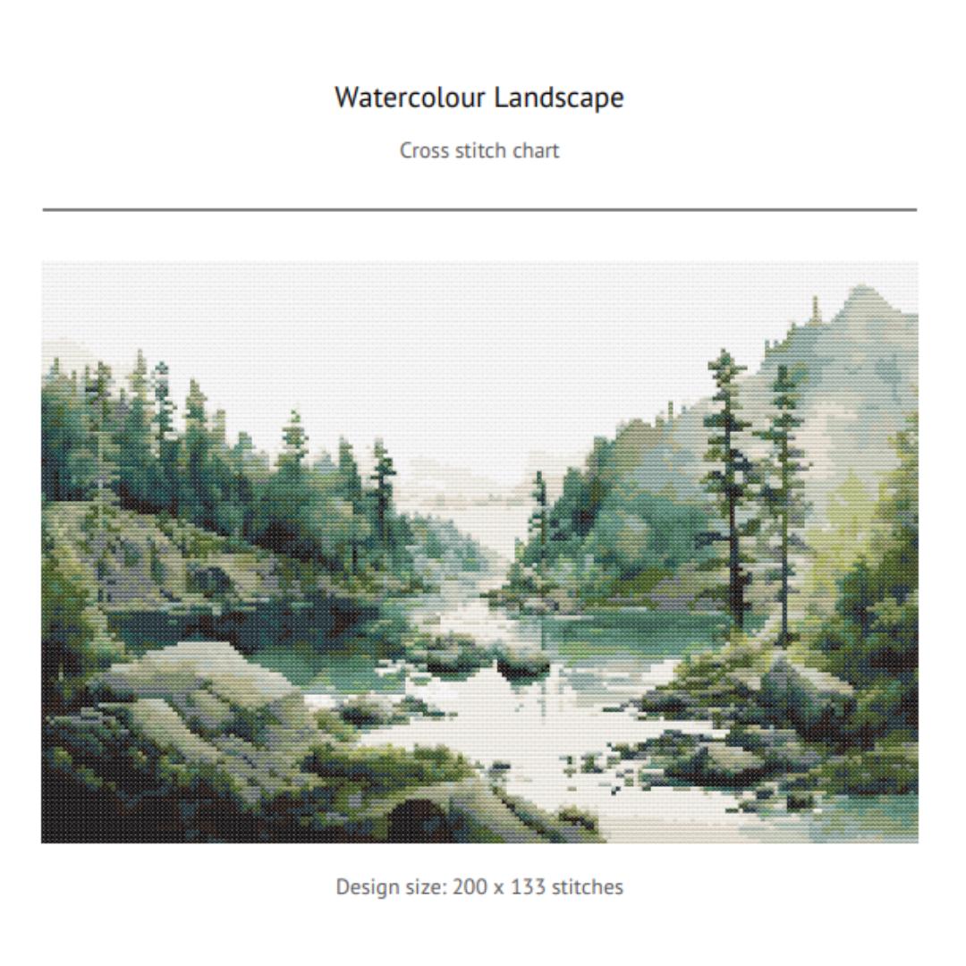 Cross Stitch Pattern - Nature's Serenity:  Watercolor Landscape - Forest River Mountains - Captivating Landscape Embroidery Pattern - Thumbnail 4