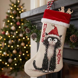Cat Christmas Stocking Cross Stitch Pattern - Funny Meowy Xmas Kitten Design, Cute Cat Holiday Decor, Christmas Ornament PDF Download