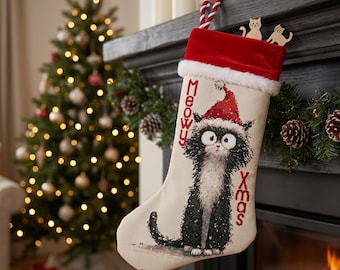 Cat Christmas Stocking Cross Stitch Pattern - Funny Meowy Xmas Kitten Design, Cute Cat Holiday Decor, Christmas Ornament PDF Download