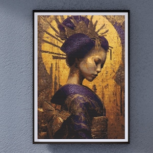 Geisha Cross Stitch Pattern - Elegant Japanese Woman Wearing a Kimono in Golden Sunset, Modern Asian Art - PDF Download