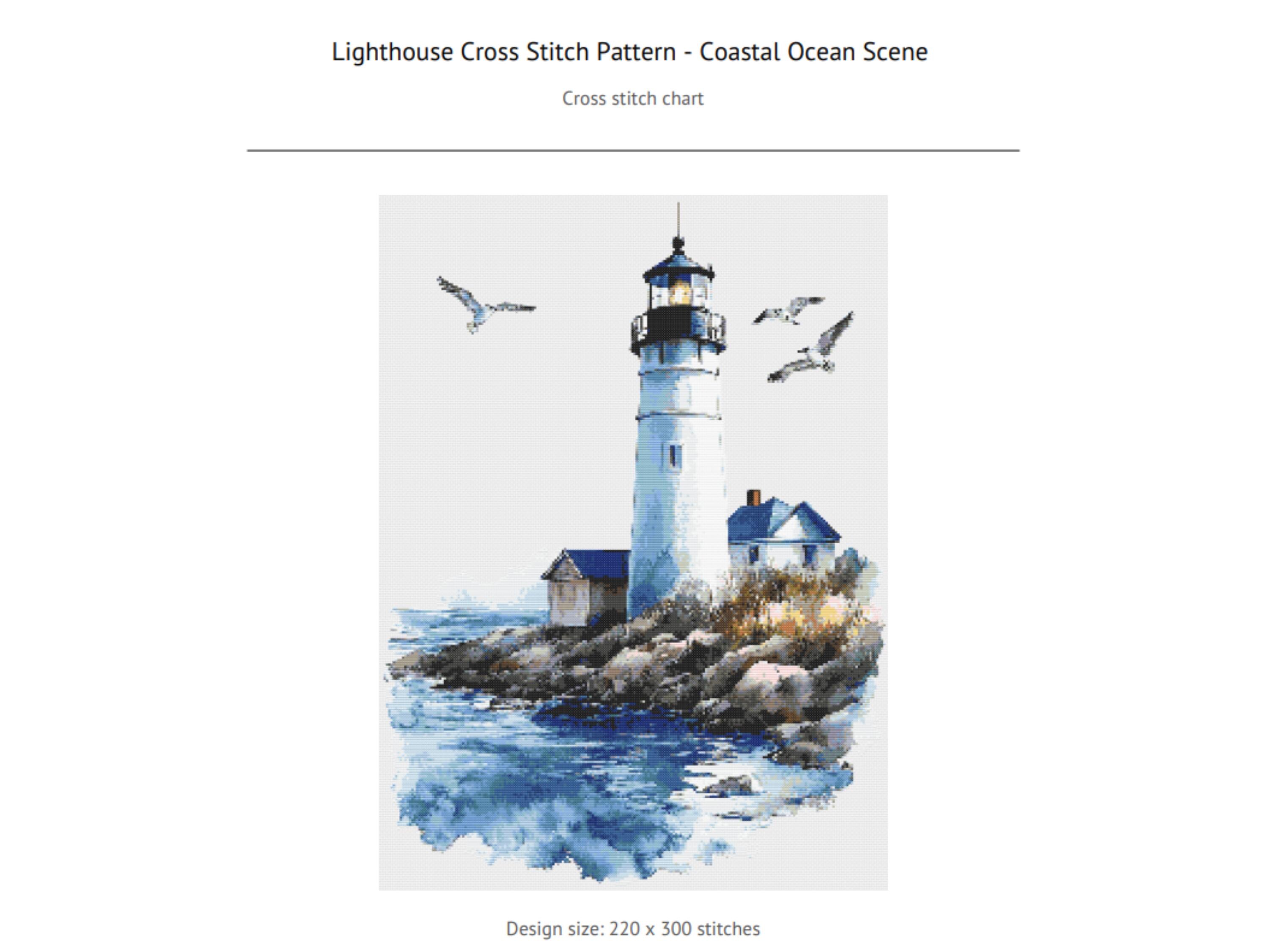 Lighthouse Cross Stitch Pattern - Coastal Ocean Scene With Seagulls and ...
