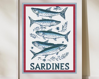 Sardines Cross Stitch Pattern - Classic Maritime Design for Coastal Decor, a Beautiful School of Fish. Nautical Cross Stitch Pattern