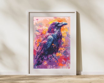 Gothic Raven Cross Stitch Pattern - Vibrant and Mysterious Embroidery Design  154 x 200 Stiches. Counted Cross-Stitch.