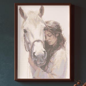 May include: Framed artwork featuring a woman embracing a white horse. The woman has long, dark hair and is wearing a light-colored garment. The horse has a brown bridle. The artwork is in a brown frame.