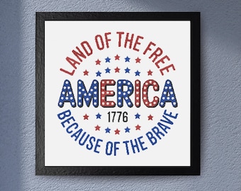 USA Cross Stitch Pattern Land Of The Free America 1776 July 4th Patriotic Red White Blue Modern Embroidery Design
