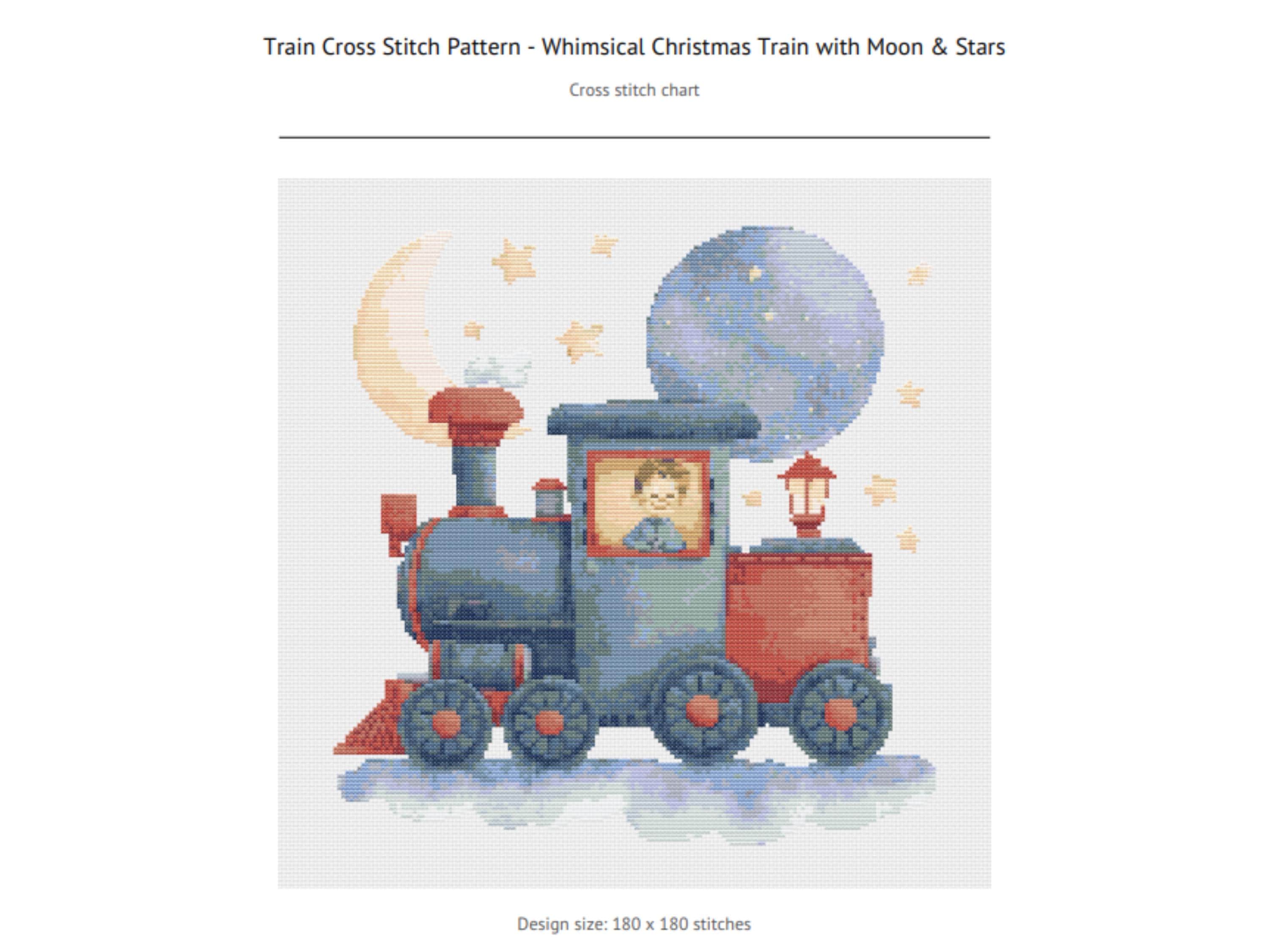 Train Cross Stitch Pattern - Whimsical Christmas Train with Moon & Stars, Holiday Baby Nursery Decor, Vintage Pattern PDF Download - Thumbnail 4