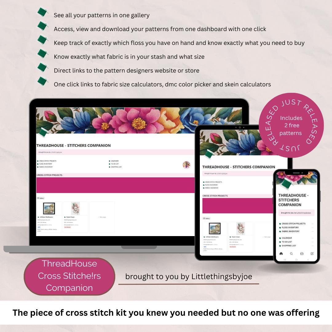 ThreadHouse - Cross Stitch Companion Notion Template Digital Planner, Floss Inventory, Fabric Tracker, Project Log, Cross Stitch Journal