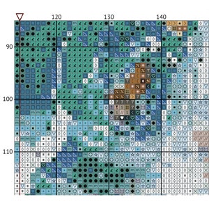 A grid of varied symbols on colored backgrounds represents a cross-stitch pattern guide, indicating where to stitch each color. The pattern will come in color,  black-and-white and a Pattern Keeper version.