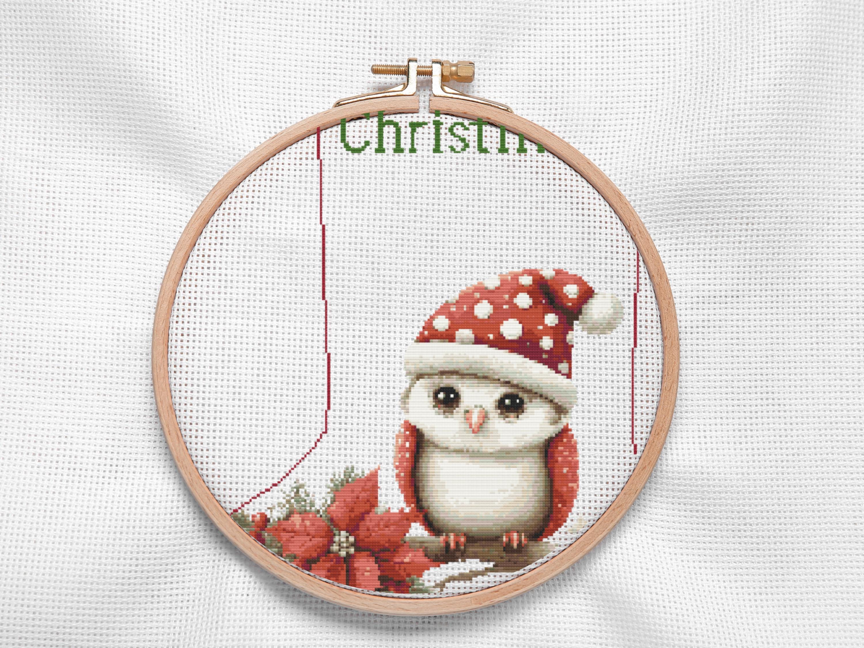 Festive Owl Christmas Stocking Cross Stitch Pattern Featuring an Owl in a Santa Hat with Poinsettia and Pine Branch - Holiday PDF Chart - Thumbnail 3