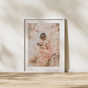 May include: A framed art print featuring a pastel-colored illustration of a figure reading a book. The figure is wearing a pink dress and is surrounded by flowers. The artwork is in a white frame, displayed against a light-colored wall.