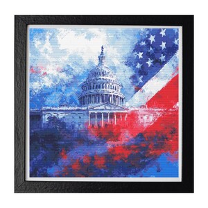 May include: Framed artwork showing a watercolour-style depiction of the U.S. Capitol Building. The image incorporates the American flag with red, white, and blue hues. The artwork is encased in a black frame, enhancing its visual appeal.