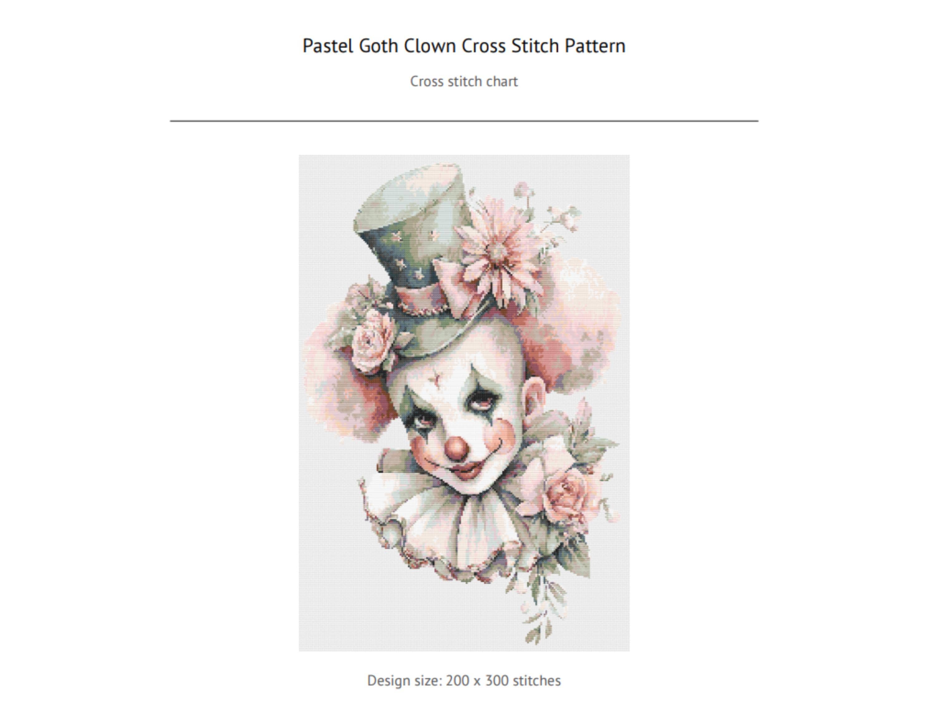 Clown Cross Stitch Pattern with Floral Hat and Vintage Circus Vibes, Modern Embroidery Creepy Halloween Decor - Thumbnail 4