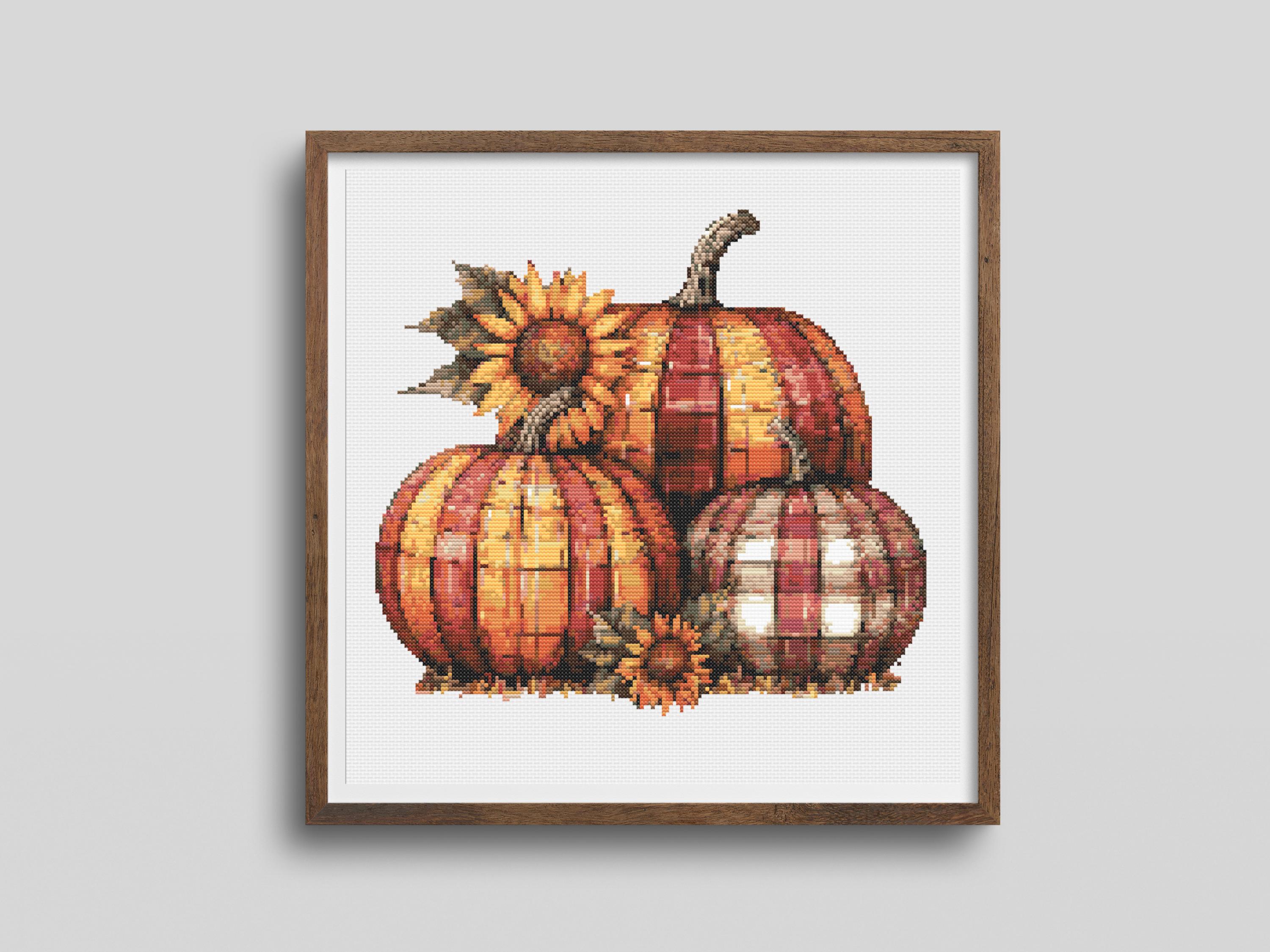 Plaid Pumpkin Cross Stitch Pattern Autumn Fall Embroidery PDF Counted Chart with Sunflowers Halloween Decor Instant Download - Thumbnail 2