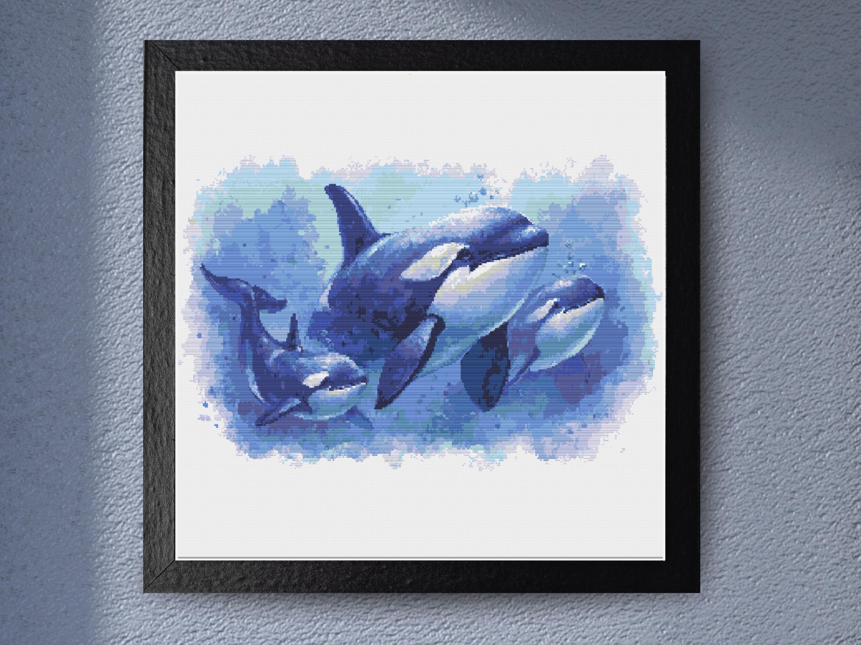 Orca Family Cross Stitch Pattern - Majestic Killer Whales Ocean Scene Embroidery PDF for Nautical Wall Art or Underwater Decor