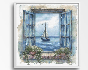 Patrón de punto de cruz con vista de velero a través de la ventana: escena costera náutica, 200 x 200 puntos contados en punto de cruz.