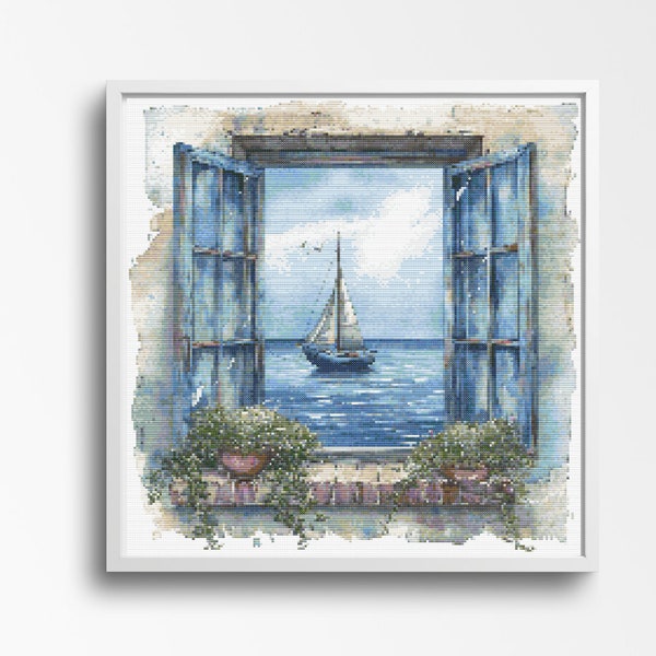 Sailboat View Through Window Cross Stitch Pattern - Nautical Coastal Scene 200 x 200 Stitches Counted Cross-Stitch.
