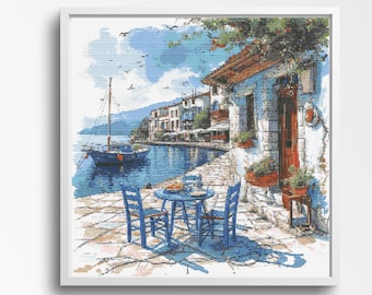 Patrón de punto de cruz de café griego junto al mar: escena costera mediterránea, 300 x 300 puntos, punto de cruz contado.