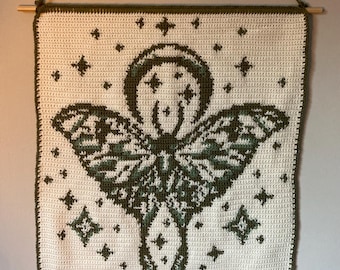 Celestial Moth Crochet Tapestry, Crochet Wall Decor, Luna Moth Crochet Tapestry
