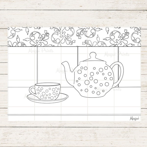 Printable Coloring Page, Teapot and Cup Tea, Instant Digital Download