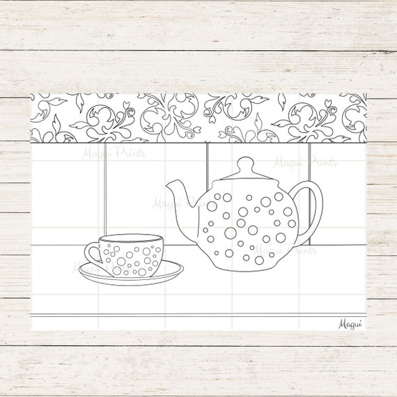 Pagina da colorare stampabile, teiera e tazza di tè, download digitale  istantaneo -  Italia