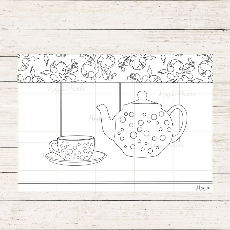 Printable Coloring Page, Teapot and Cup Tea, Instant Digital Download ...