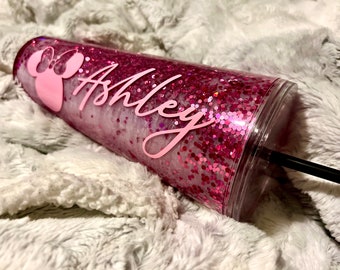 Gepersonaliseerde roze glittermuis oren sneeuwbol tumbler