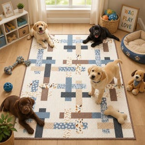 May include: A rectangular area rug featuring a cream background with a repeating geometric pattern of intersecting vertical and horizontal bands in shades of blue, brown, and tan, accented with small dog-themed motifs throughout the fabric design.