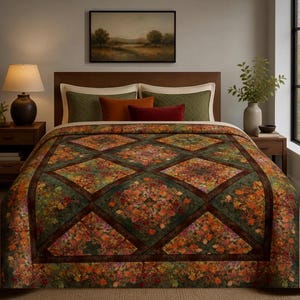 May include: A bedspread featuring a diamond-patterned design with a dark brown border. The quilt displays a vibrant floral print in shades of orange, yellow, and green, layered over a dark green background. The bedding is set on a wooden bed frame.