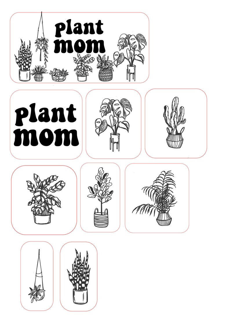 May include: A digital illustration of a collection of potted plants with the text "Plant Mom" in a retro font. The plants include a cactus, a monstera, a fiddle leaf fig, a snake plant, a palm, and a hanging plant.
