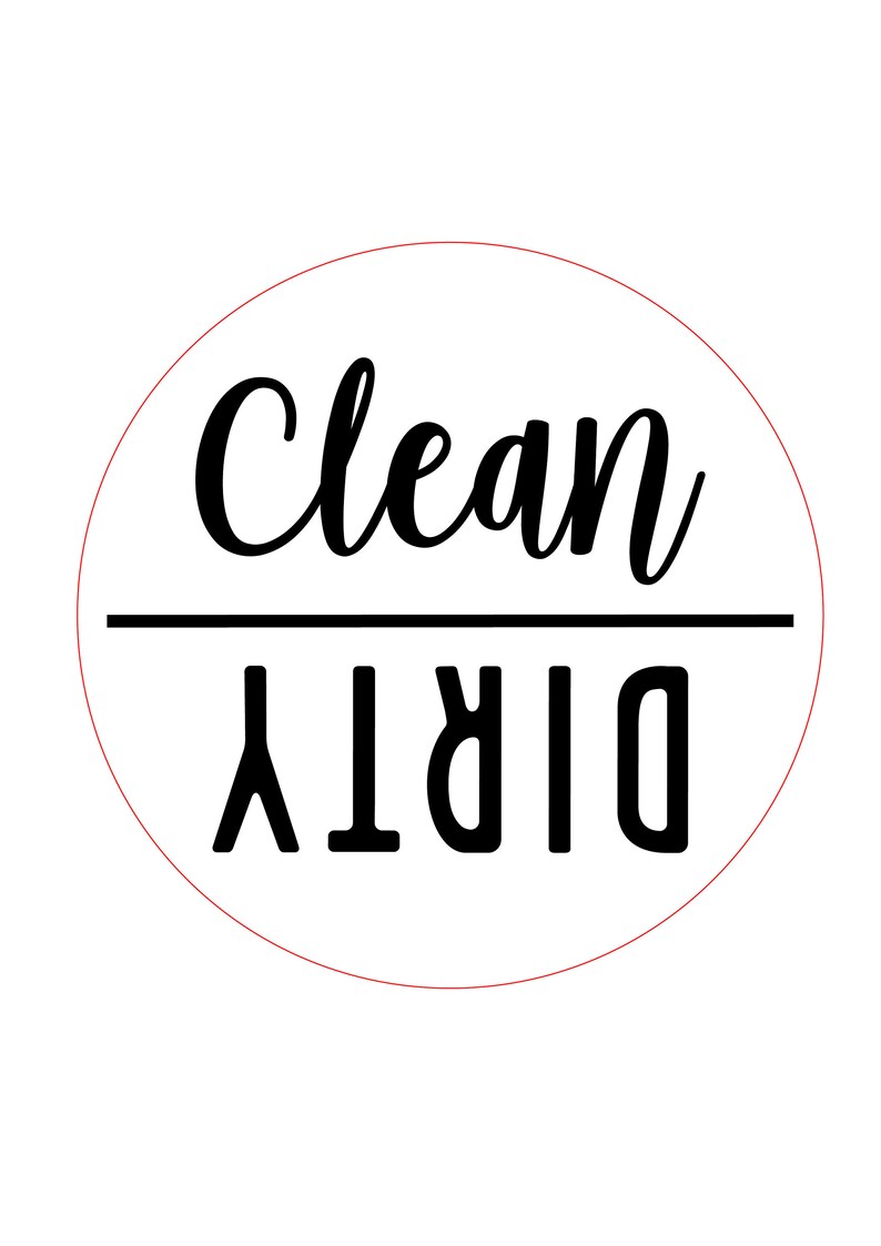 K&ouml;nnte beinhalten: Ein wei&szlig;er Kreis mit schwarzem Rand und den Worten "Clean" und "Dirty" in Schwarz.