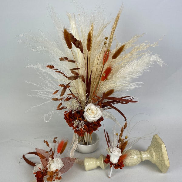Bouquets and corsages for bridesmaids Rust Terracotta Burn Orange Ivory color Corsages and Boutonnières for weddings