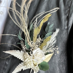 Boho Ivory Rose Boutonniere: Dried Eucalyptus Wedding Groom Accessory