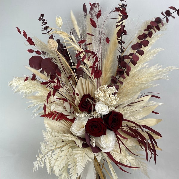 Burgundy Bridal Bouquet  Burgundy Eucalyptus Bouquet  Roses and Pampas Grass Bouquets Deep Red Bouquet Fall Autumn Bouquet for Wedding