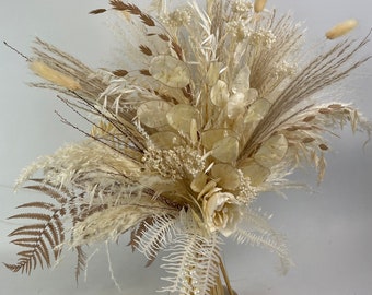 Ivory Dried Flower Bridal Bouquet: Lunaria, Pampas Grass, Boho Wedding