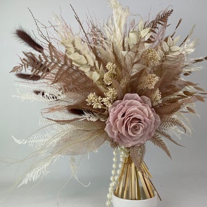 Rose Gold Dried Flower Bridal Bouquet: Boho Wedding Decor