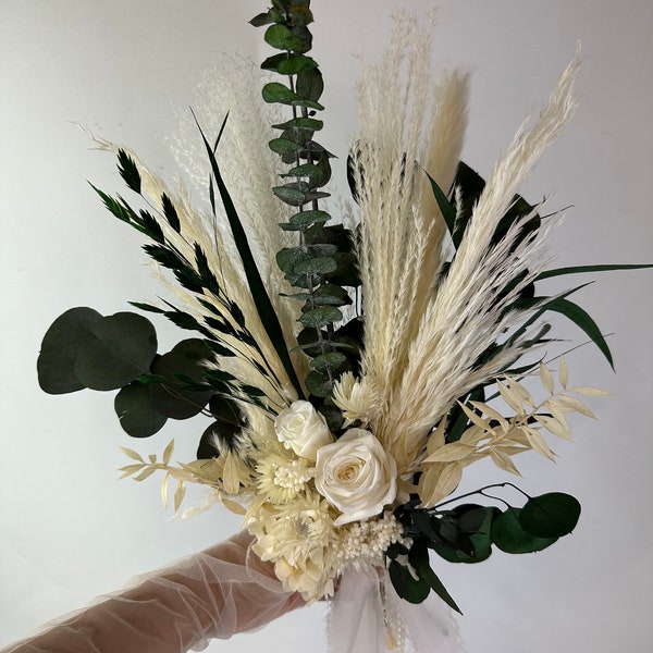 Greenery Bridesmaids Bouquets Eucalyptus Bridesmaids Bouquet Foliage Bridesmaid Ivory& Green Wedding bouquet,Rustic Dried Flowers Bouquet