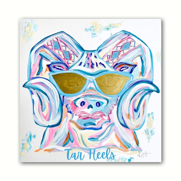 Collegiate Art - Preppy Colorful Tar Heels Ram Mascot for Univ of North Carolina Chapel Hill Fans -Print on Canvas/Paper in multiple sizes