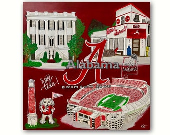 Collegiate Art Collage University of Alabama featuring Roll Tide, Crimson Tide, and Tuscaloosa. Great graduate/holiday gift for dorm/office