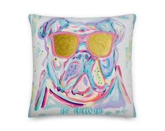 Preppy Bulldog Mascot Premium Whimsical 18x18” Pillow with insert fans who love collegiate art for home, dorm, or grad gift