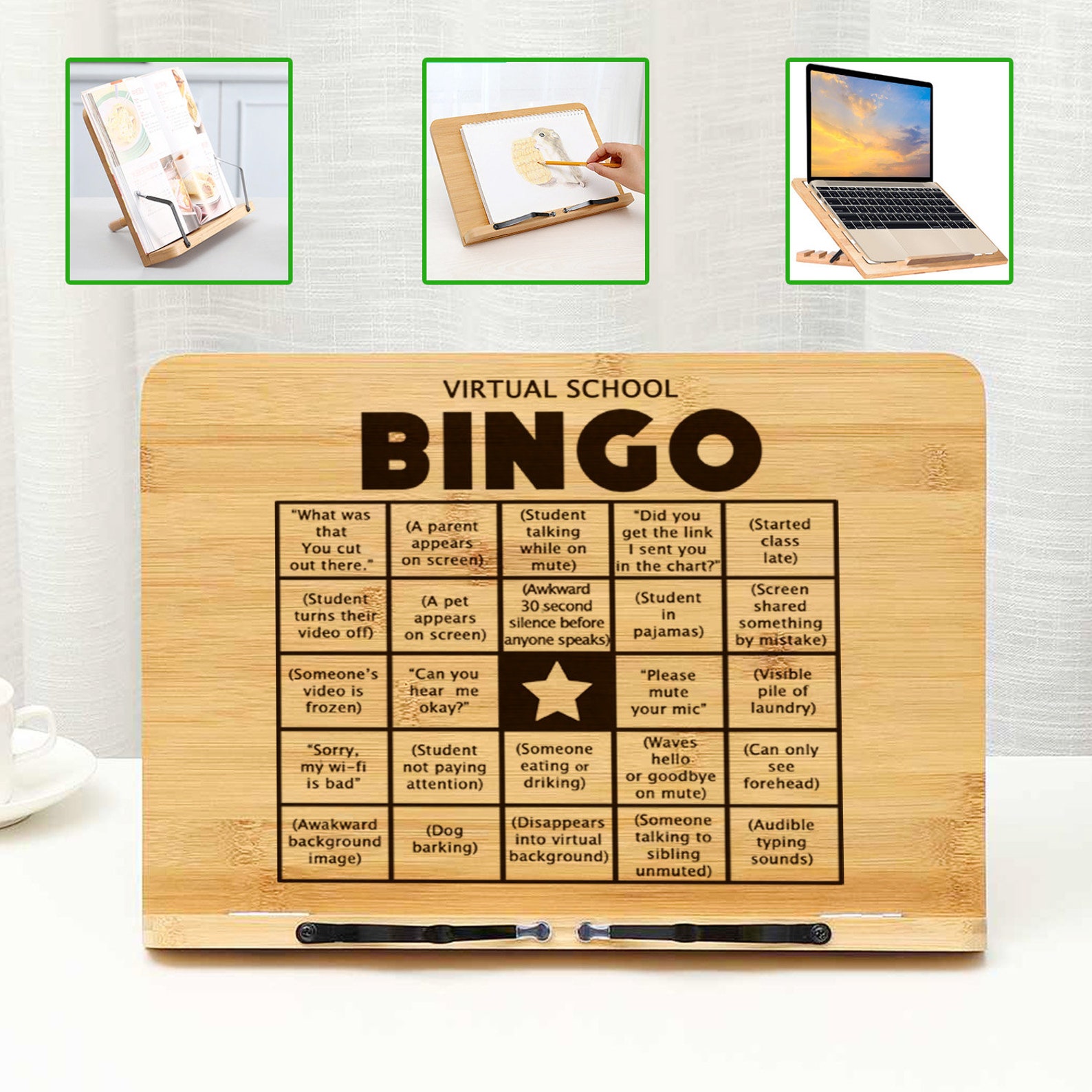 Virtual School Bingo Bamboo Book Stand Engraved Bamboo Tray Etsy