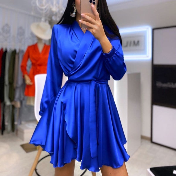 Electric Blue Silk Dress, Silk Wrap Mini Dress, Silk Mini Dress with Bracelet Sleeves, Silk Dress for Special Occasions, Wedding Guest Dress